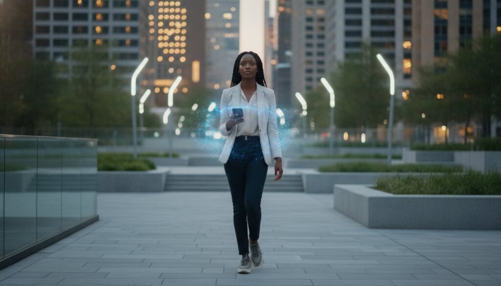 Woman walking confidently with smartphone